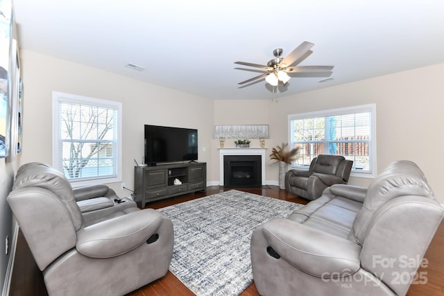 living room with ceiling fan and hardwood / wood-style flooring