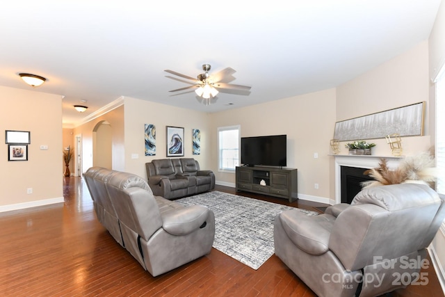 living room with wood-type flooring and ceiling fan