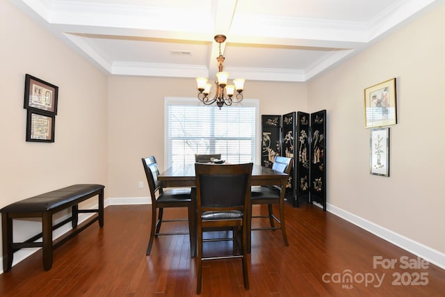 dining space with beamed ceiling, dark hardwood / wood-style floors, coffered ceiling, and a notable chandelier