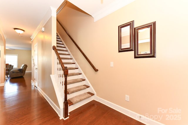 stairway with hardwood / wood-style flooring and ornamental molding