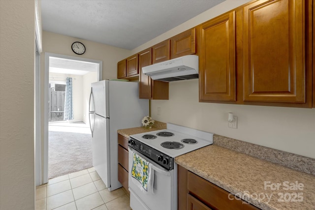 kitchen with light carpet and white appliances