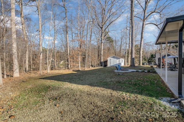 view of yard featuring a patio area and an outbuilding