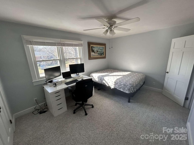 bedroom with light colored carpet and ceiling fan