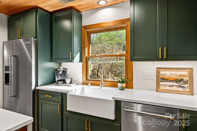 kitchen featuring wooden ceiling, sink, stainless steel appliances, and green cabinetry