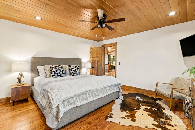 bedroom with hardwood / wood-style floors, ceiling fan, and wooden ceiling