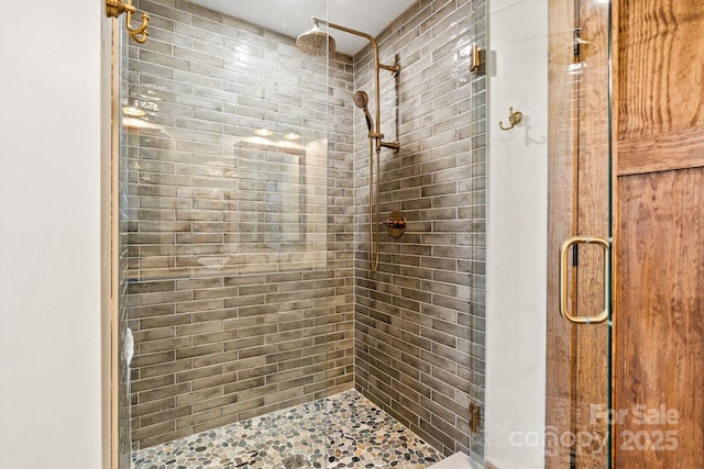 bathroom with a shower with shower door