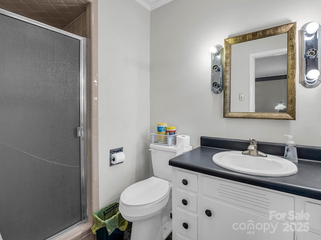 bathroom featuring a shower with door, vanity, and toilet