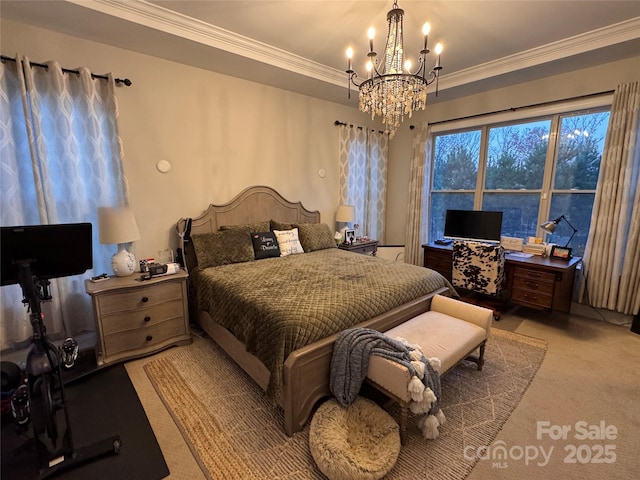 carpeted bedroom with ornamental molding and a notable chandelier