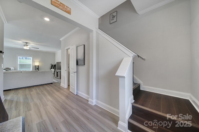 stairs with ceiling fan, wood-type flooring, and ornamental molding