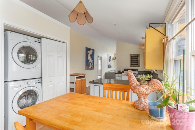 clothes washing area featuring ceiling fan and stacked washing maching and dryer