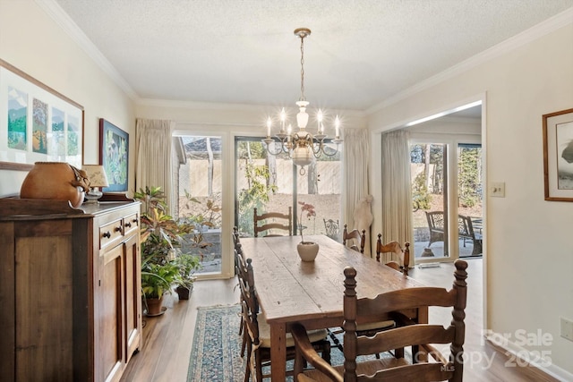 dining room with crown molding, a notable chandelier, a textured ceiling, and light hardwood / wood-style flooring