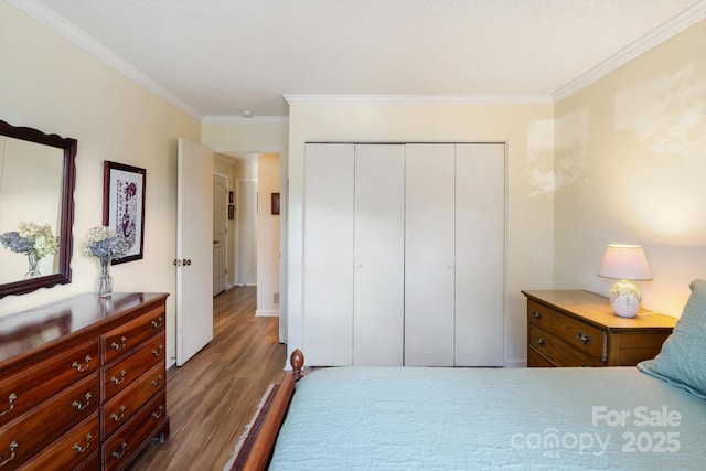 bedroom with dark hardwood / wood-style flooring, ornamental molding, a closet, and a textured ceiling