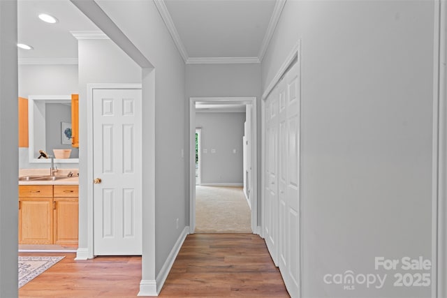 7019 Walnut Ridge Ct, Charlotte, NC 28217 - corridor featuring light wood-type flooring, ornamental molding, baseboards, a sink, and recessed lighting