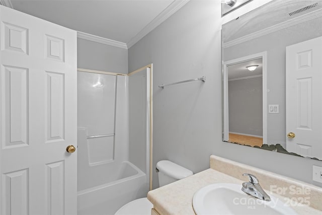 7019 Walnut Ridge Ct, Charlotte, NC 28217 - bathroom with vanity, toilet, crown molding, and shower / bathtub combination