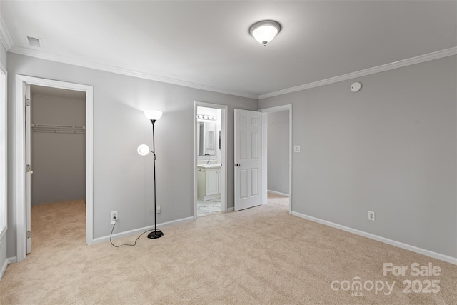 7019 Walnut Ridge Ct, Charlotte, NC 28217 - unfurnished bedroom with light colored carpet, crown molding, a spacious closet, baseboards, and a closet