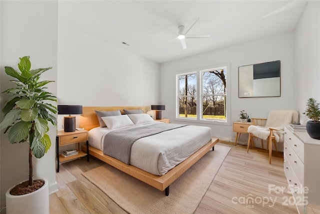 bedroom with ceiling fan and light hardwood / wood-style flooring