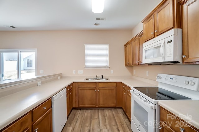 kitchen with sink, white appliances, and light hardwood / wood-style flooring