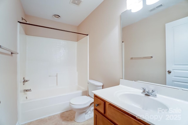 full bathroom featuring tile patterned flooring, vanity, toilet, and shower / bathtub combination