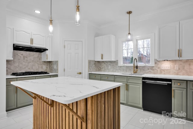 kitchen with decorative light fixtures, white cabinetry, black dishwasher, and a center island