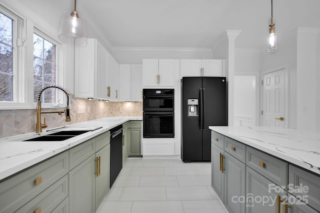 kitchen featuring sink, gray cabinetry, decorative light fixtures, decorative backsplash, and black appliances