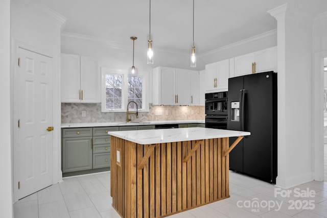 kitchen with a kitchen island, white cabinetry, sink, backsplash, and black appliances