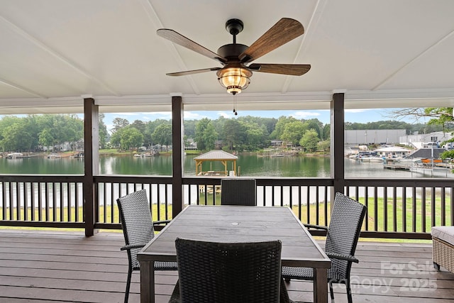 deck featuring a water view