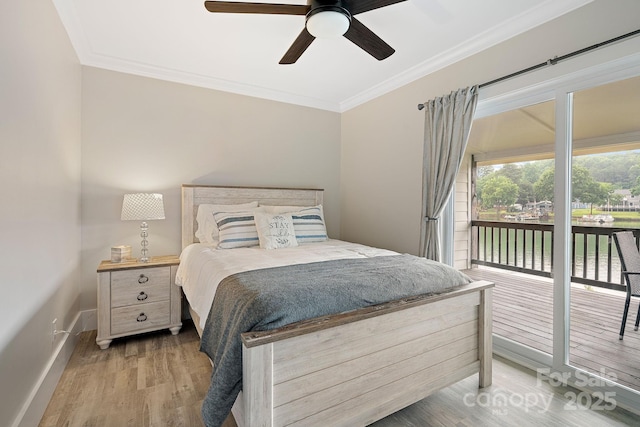 bedroom featuring access to exterior, wood-type flooring, ceiling fan, and ornamental molding