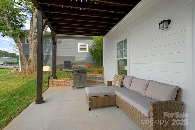 view of patio with outdoor lounge area, a grill, and central AC