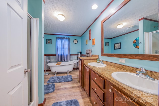 bathroom with separate shower and tub, crown molding, vanity, and a textured ceiling