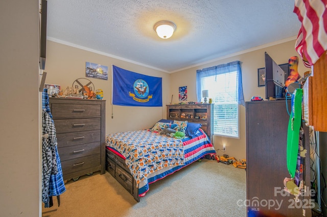 carpeted bedroom featuring a textured ceiling and crown molding