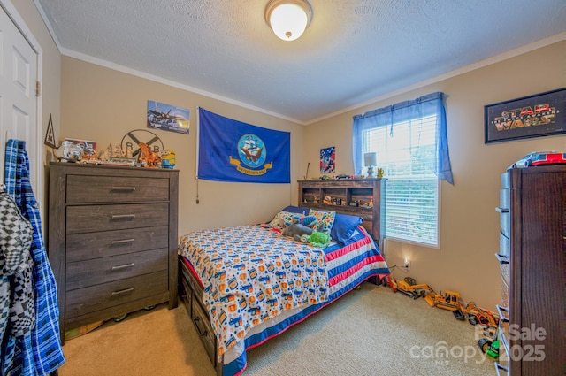 carpeted bedroom featuring a textured ceiling and crown molding