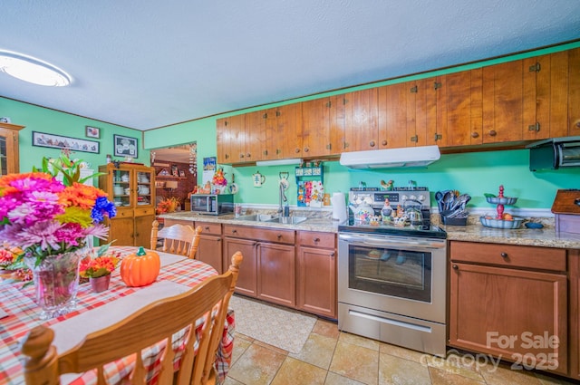 kitchen with sink, light stone counters, a textured ceiling, electric stove, and exhaust hood