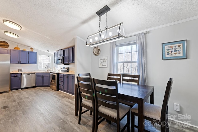 dining room featuring ornamental molding, vaulted ceiling, a textured ceiling, and sink