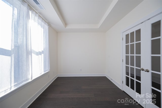 empty room with french doors, a tray ceiling, a wealth of natural light, and dark wood-type flooring