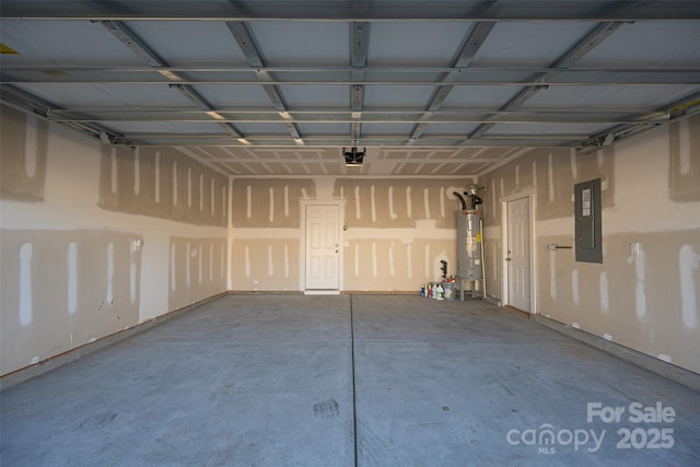 garage featuring electric panel, water heater, and a garage door opener