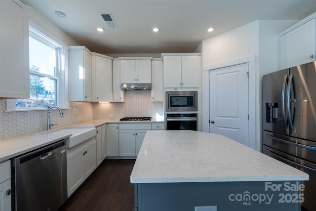 kitchen with white cabinets, appliances with stainless steel finishes, a kitchen island, and sink