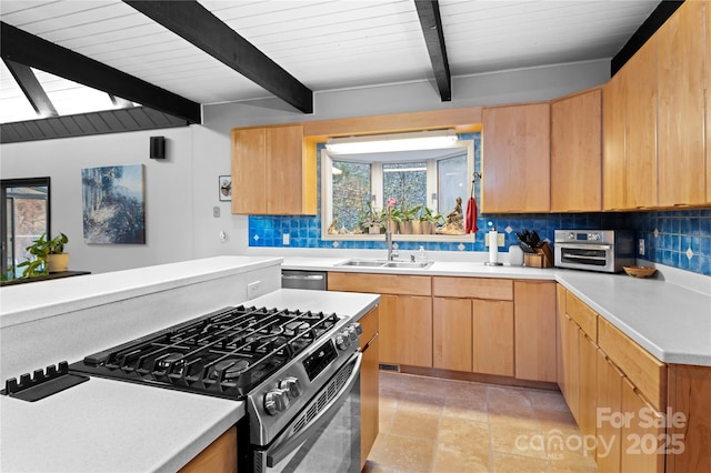 kitchen featuring decorative backsplash, appliances with stainless steel finishes, sink, light tile patterned floors, and beam ceiling