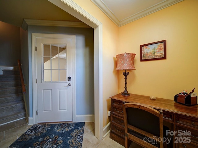 foyer entrance with light tile patterned floors and ornamental molding