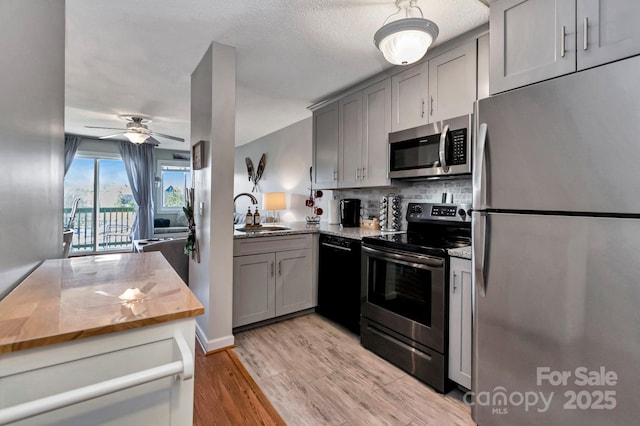 kitchen featuring gray cabinets, ceiling fan, sink, and appliances with stainless steel finishes