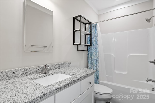 full bathroom featuring vanity, toilet, and shower / bathtub combination with curtain