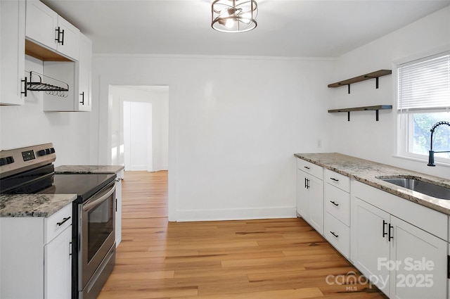 kitchen featuring light stone countertops, sink, light hardwood / wood-style flooring, white cabinetry, and stainless steel electric range