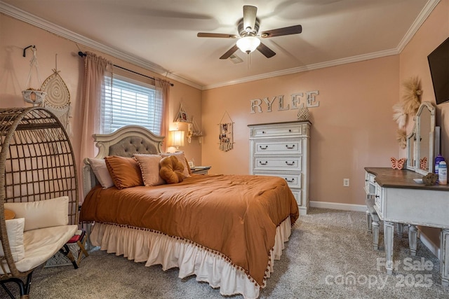 carpeted bedroom with ceiling fan and ornamental molding