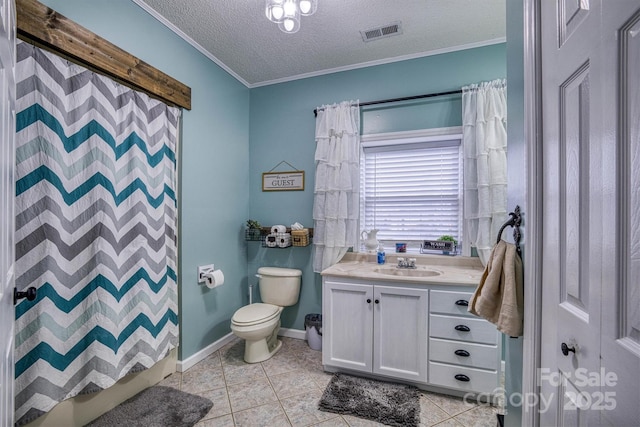 bathroom with a textured ceiling, vanity, toilet, walk in shower, and ornamental molding