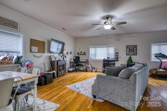 living room with hardwood / wood-style flooring, a textured ceiling, and ceiling fan