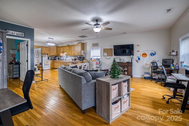 living room featuring ceiling fan, a healthy amount of sunlight, a textured ceiling, and light hardwood / wood-style floors