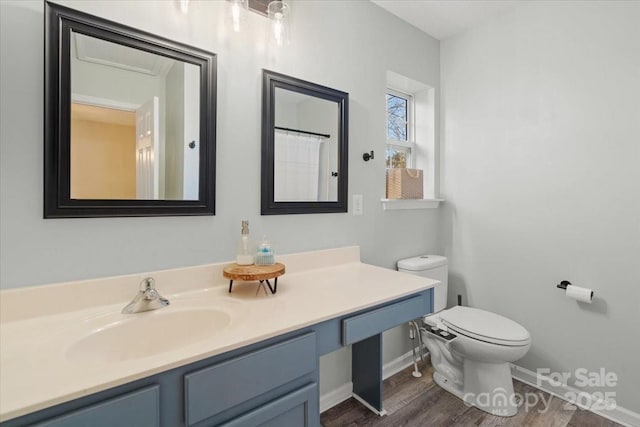 bathroom featuring vanity, hardwood / wood-style flooring, and toilet