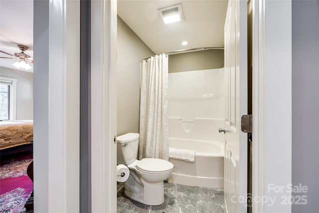 bathroom with ceiling fan, toilet, and shower / bathtub combination with curtain