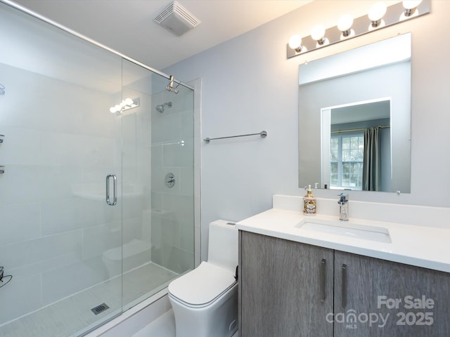 full bath featuring a stall shower, visible vents, vanity, and toilet