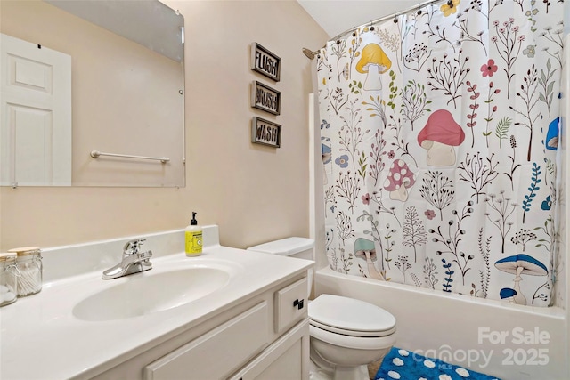 full bathroom featuring vanity, toilet, and shower / tub combo with curtain