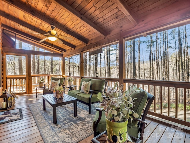 sunroom featuring ceiling fan, lofted ceiling with beams, and wooden ceiling